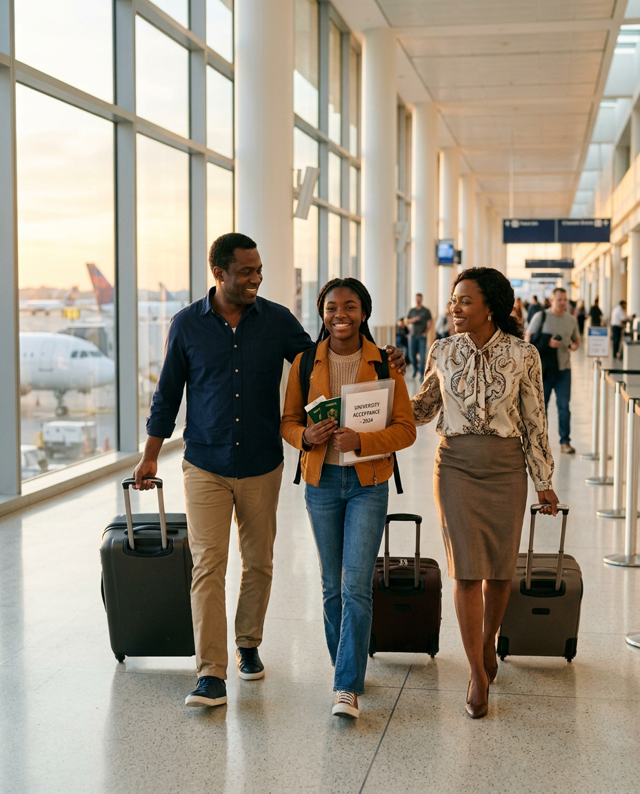 A Nigerian family walking through an airport terminal with their luggage, their daughter holding her passport and university acceptance letter